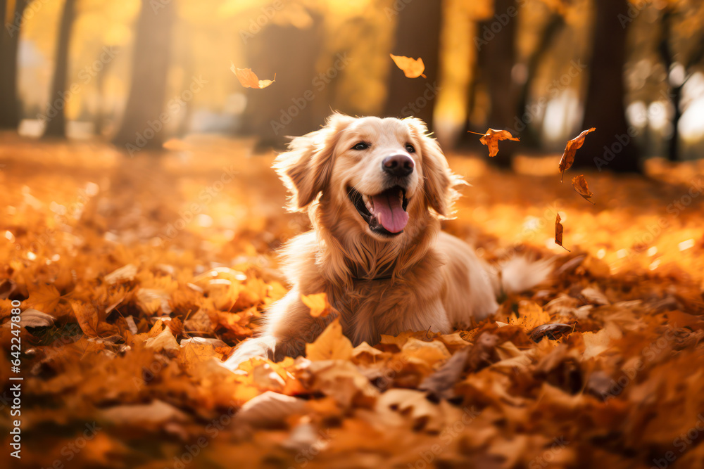 Golden retriever outdoors in a park in autumn season Stock Photo ...