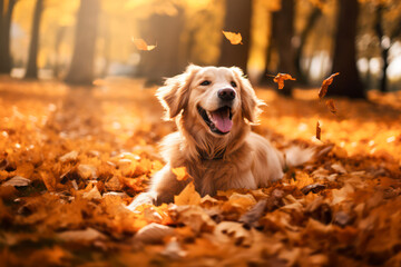 Golden retriever outdoors in a park in autumn season
