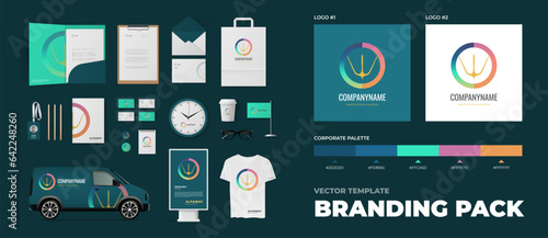 Branding template, circle logo, colorful sign, full pack of stationery