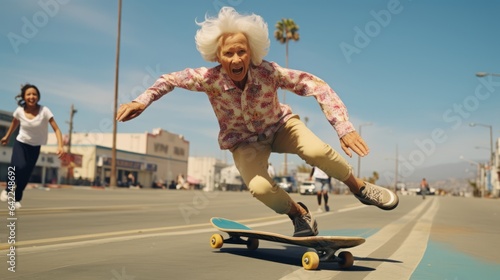 an old woman skateboarding