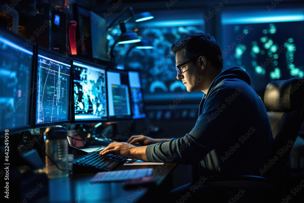 a cybersecurity expert monitoring the displays sitting in office a cybersecurity expert monitoring the displays sitting in office