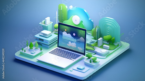 3D creative studio  Illustration of a laptop on a desk space  