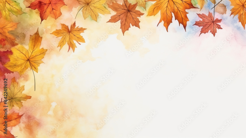 Watercolor autumn abstract background with maple leaves and copy space.