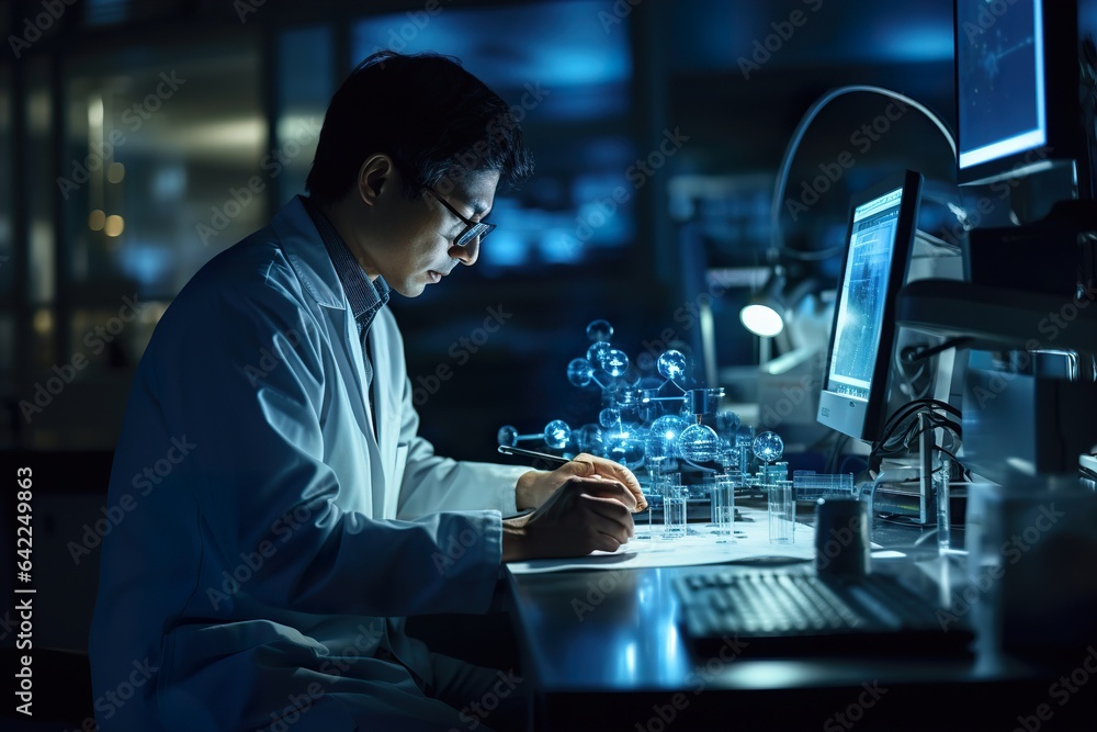 Scientist is working in VR goggles interacting with atom and molecule plexus Scientist is working in VR goggles interacting with atom and molecule plexus