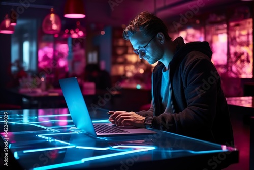 Software developer working on laptop in futuristic interior