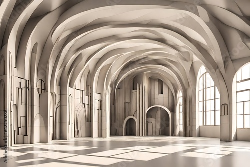 backdrop with abstract buildings and an arched interior render