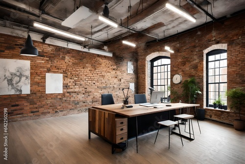 Stylish office space with a wall made of antique, historical brick. art studio for businesses