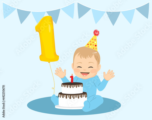 Drawing of baby boy with 1st birthday cake celebrating first anniversary on blue color background. Happy child vector illustration enjoying and having fun eating cake with balloon shaped