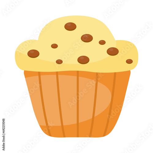Cupcake with chocolate chips. The element of home bakery. Sweet snack. Flat Muffin cartoon illustration