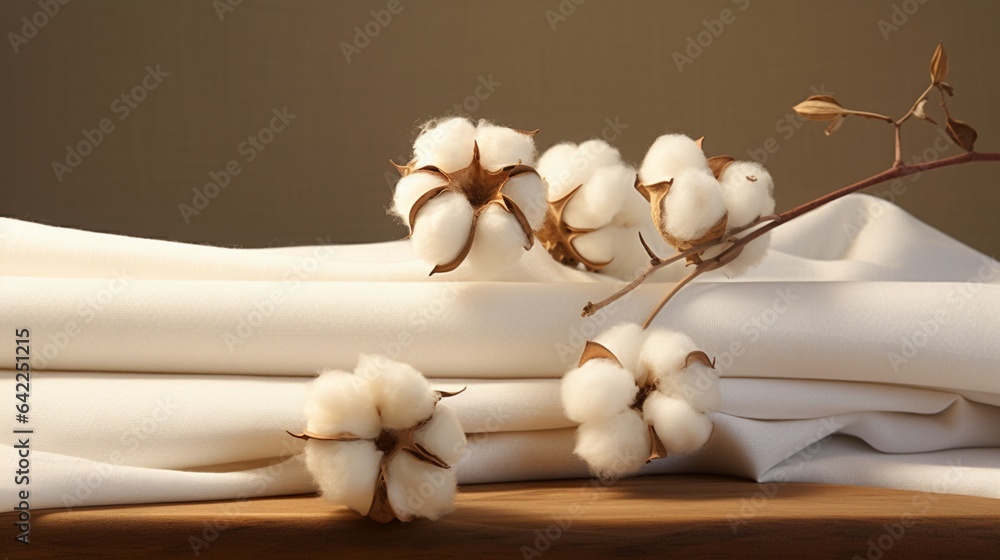 A bundle of raw cotton next to finished cotton fabric. A bundle of raw cotton next to finished cotton fabric.