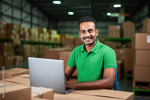 Indian male warehouse manager with laptop in distribution center. Storehouse package supervisor
