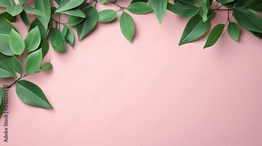 Green leaves on pink background from above Green leaves on pink background from above