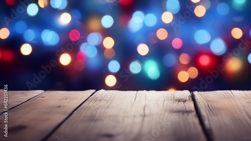 Colorful Christmas lights bokeh on blue wooden planks. Shallow depth of field