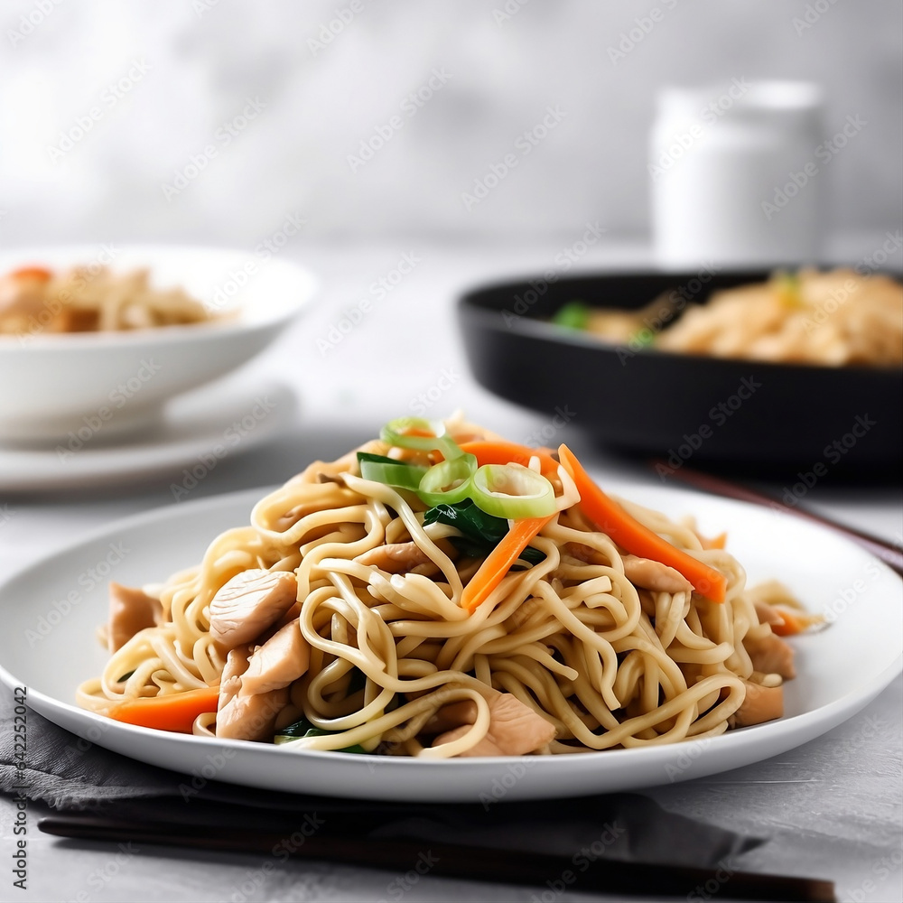 Homemade chicken lo mei with vegetables on a white plate Homemade chicken lo mei with vegetables on a white plate