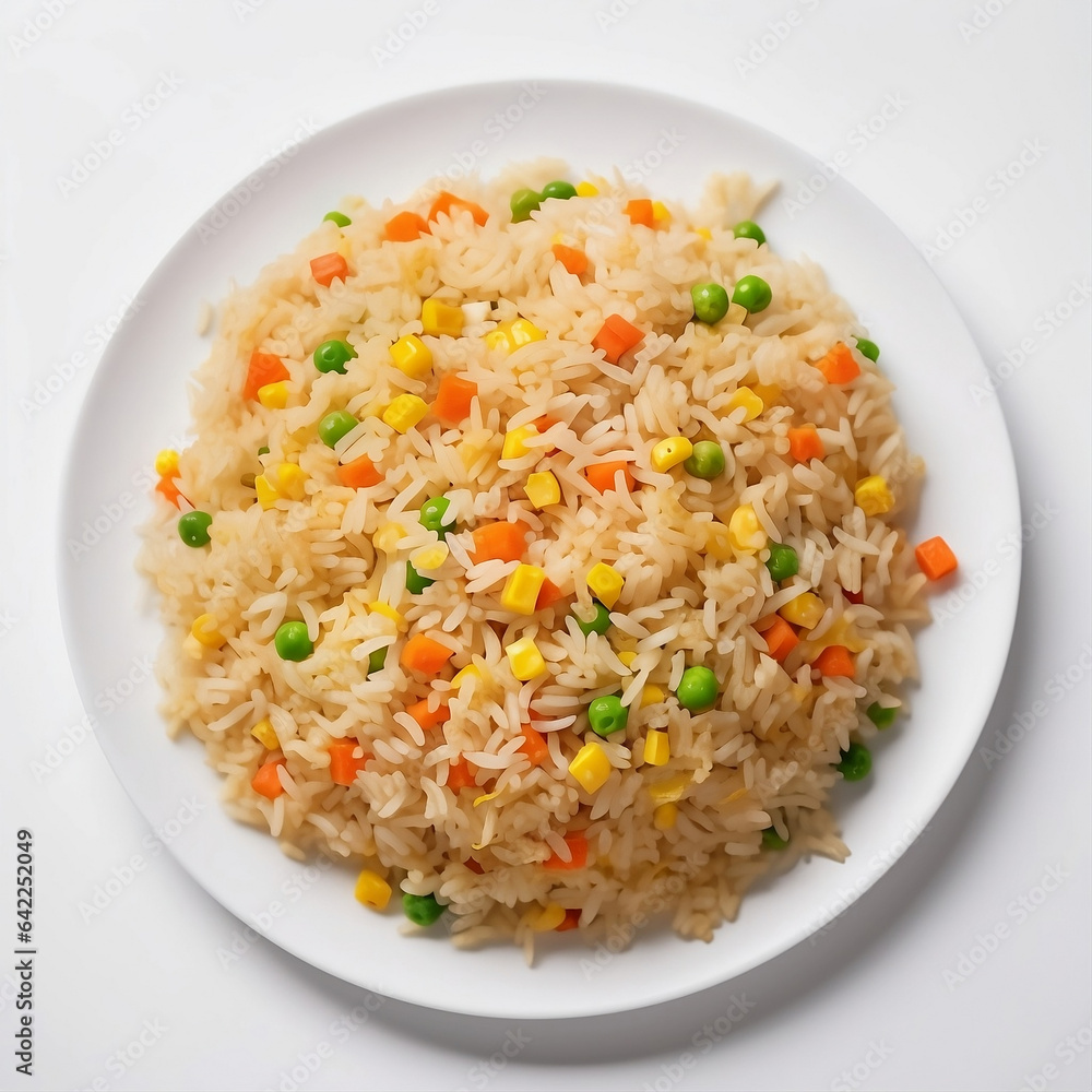 View from the top of Chinese vegetable fried rice on a white plate Asian foods meal View from the top of Chinese vegetable fried rice on a white plate Asian foods meal
