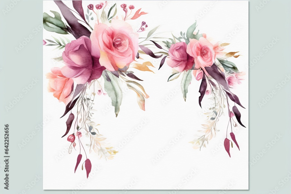watercolor text design floral ga bud floral wedding pink Template rose background Vintage elements wild Card background flower leaves invitation Watercolor watercolor - obrazy, fototapety, plakaty 