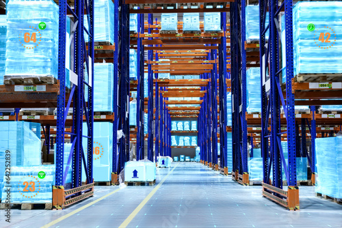 Digitalization, user interface to control processes. Warehouse with virtual screen overlay