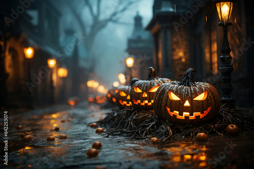 Pumpkins In Graveyard In The Spooky Night - Halloween Backdrop background.