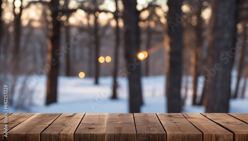 Top desktop wooden. Empty table and winter snow background with beautiful bokeh.