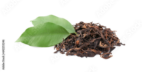 Traditional Chinese pu-erh tea and fresh leaves isolated on white