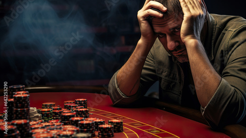 Frustrated gambler man, gambling addiction, loss, ruin, debt, ludopata concept, casino poker. empty copyspace for text
 photo