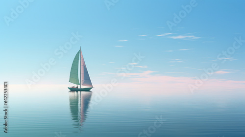  Sailboat on the Horizon over Blue Ocean with Reflective Clouds, Tranquil Maritime Scene of a yacht, copy space for text