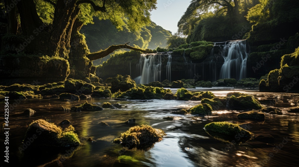 A beautiful, peaceful location with waterfall and green trees. Generative AI. 