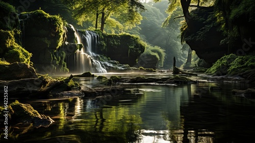 A beautiful  peaceful location with waterfall and green trees. Generative AI. 