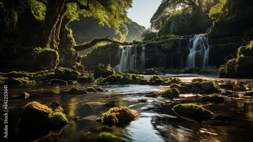A beautiful  peaceful location with waterfall and green trees. Generative AI. 