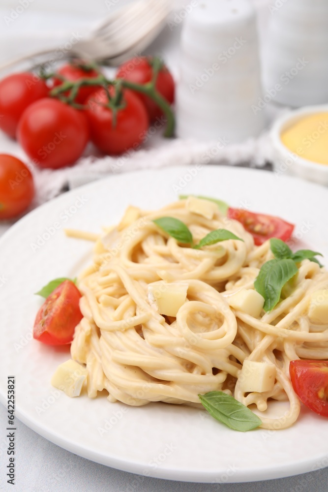 Delicious pasta with brie cheese, tomatoes and basil leaves on white table, closeup Delicious pasta with brie cheese, tomatoes and basil leaves on white table, closeup