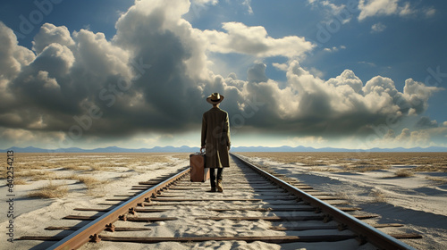 man from the back with hat and suitcase walking on rails