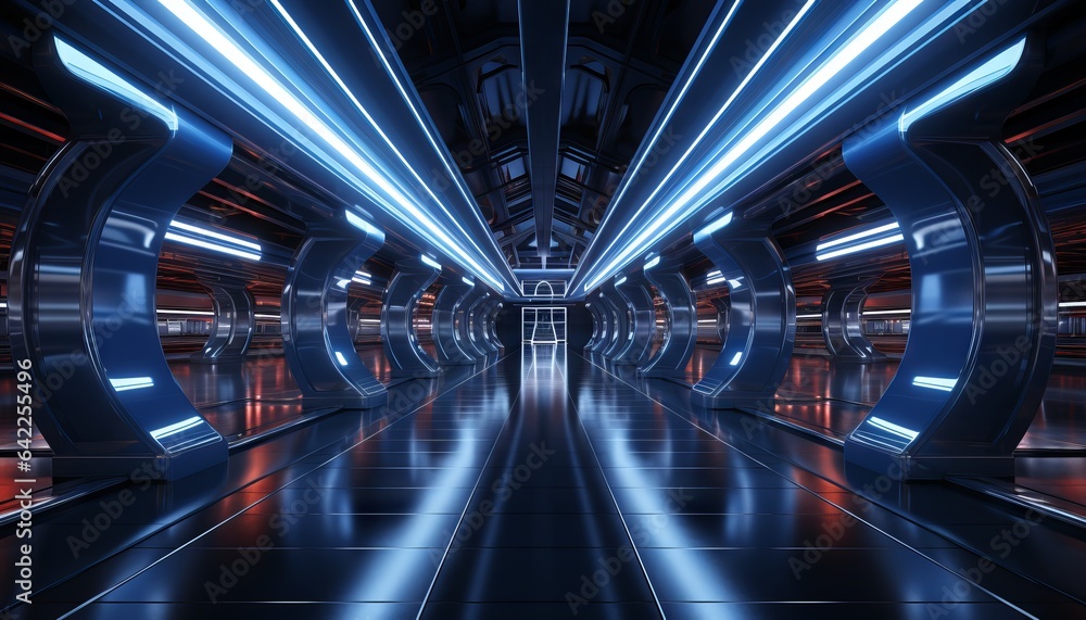 Fototapeta premium Corridor Hallway Hangar Garage 3D Rendering Illustration Sci Fi Futuristic Alien Spaceship