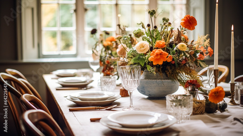 Autumn holiday tablescape, formal dinner table setting, table scape with elegant autumnal floral decor for wedding party and event decoration