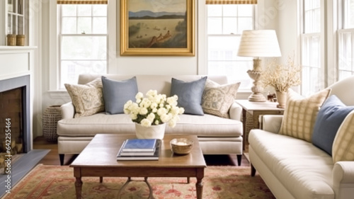 Interior design  home decor  sitting room and living room  white sofa and furniture in English country house and elegant cottage style