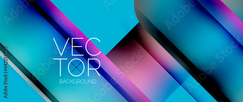 Dynamic bright colorful geometric elements with fluid gradients, lights, shadows blend in a minimal backdrop, creating captivating composition