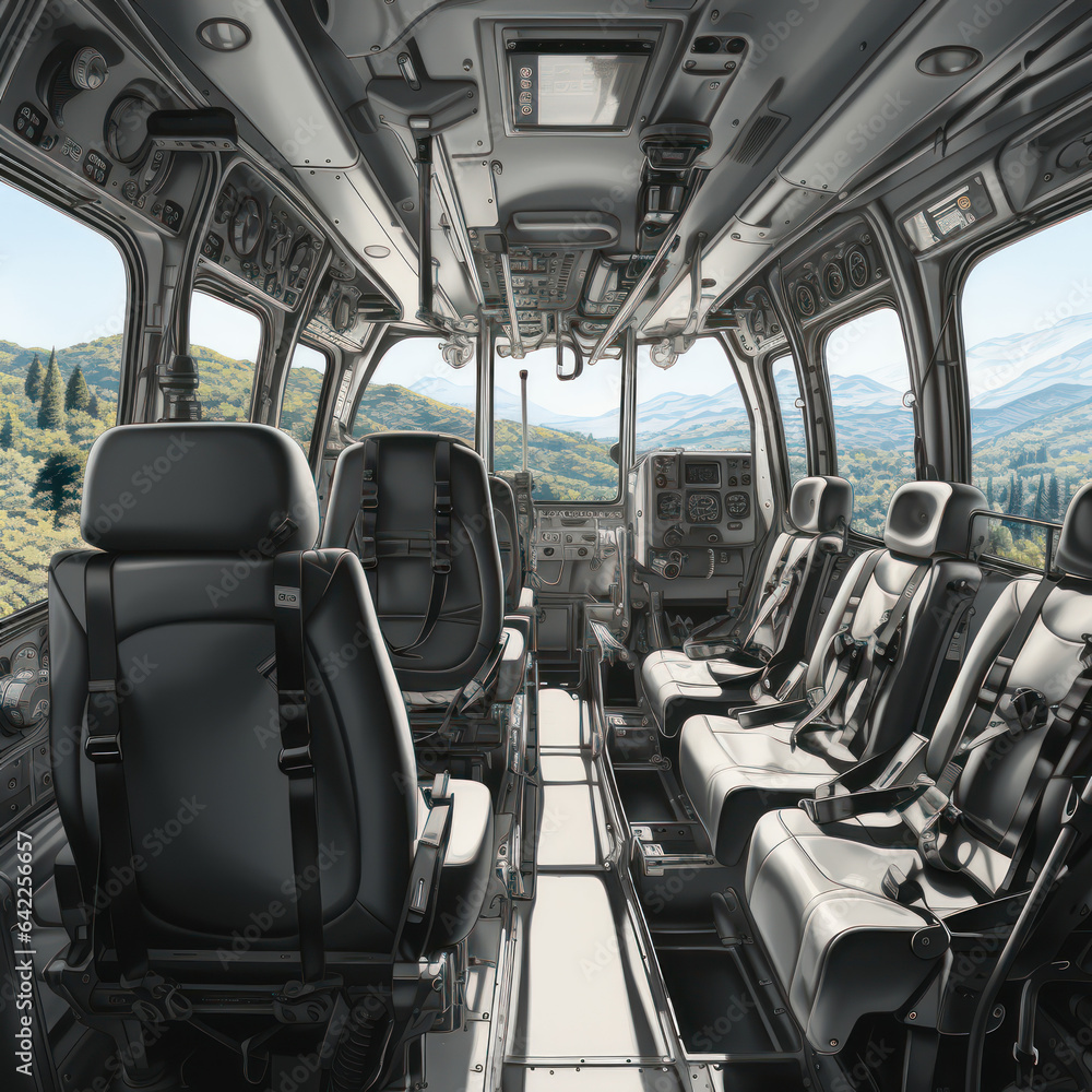 Vacant helicopter driver seat panoramic view
