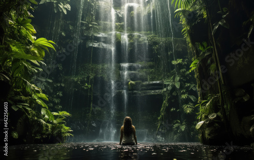 a woman walking alone at a waterfall in the middle of the forest