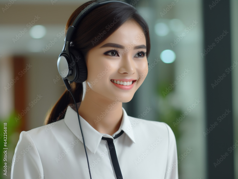 Customer service working in office, smiling Asian female call center agent wearing a headset Customer service working in office, smiling Asian female call center agent wearing a headset