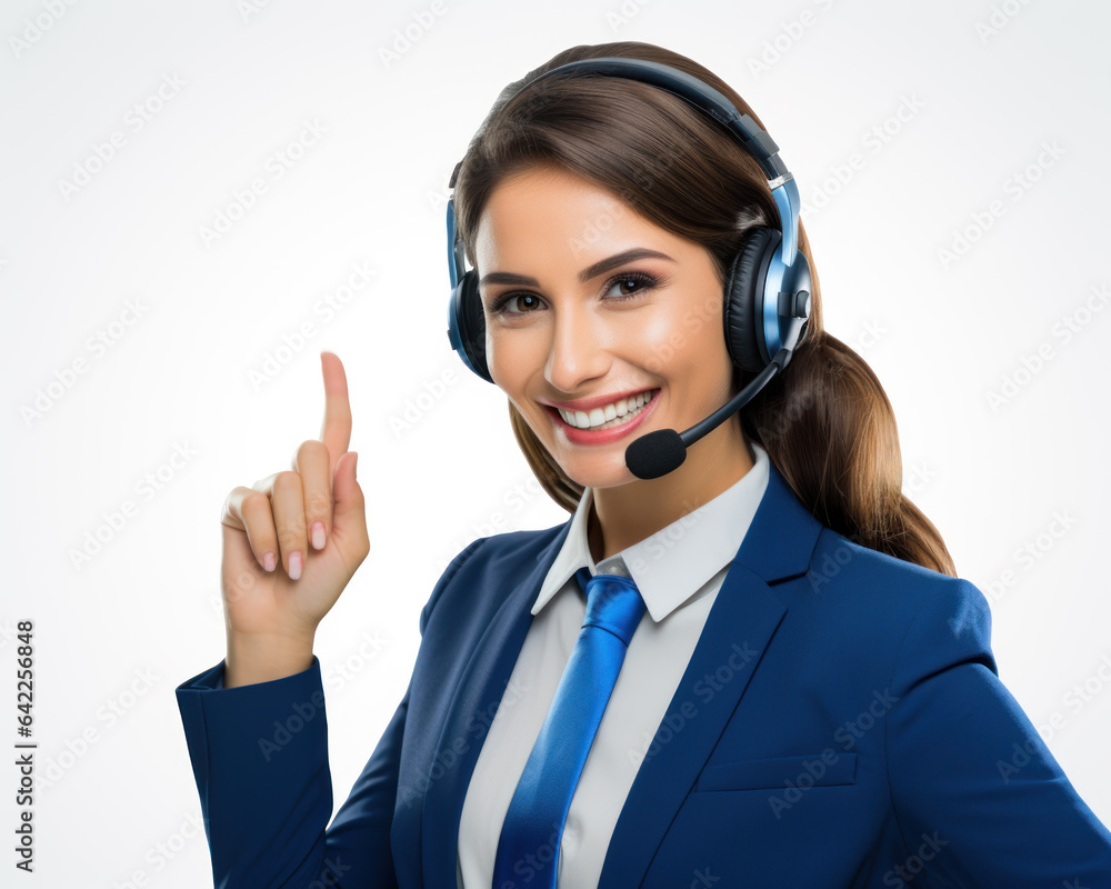 Customer service working in office, smiling female cs agent wearing a headset looking at the camera Customer service working in office, smiling female cs agent wearing a headset looking at the camera