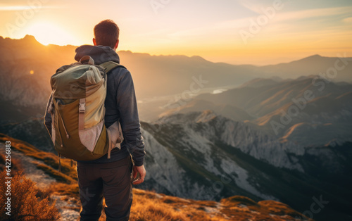 Man hiking at sunrise to mountain with heavy backpack travel  solo adventure vacation concept