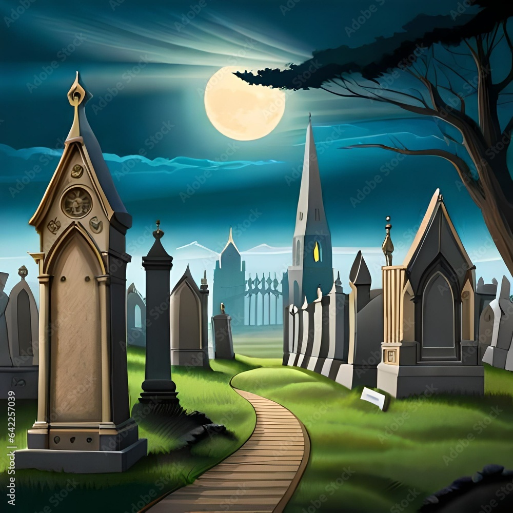 a hauntingly beautiful illustration of a gothic cemetery that exudes an