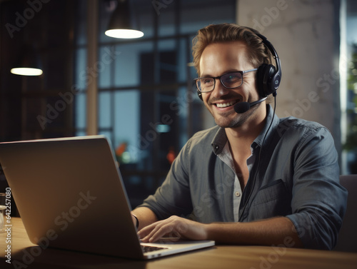 Smiling male office worker wearing headphones in front of laptop working and making a video call © Kedek Creative