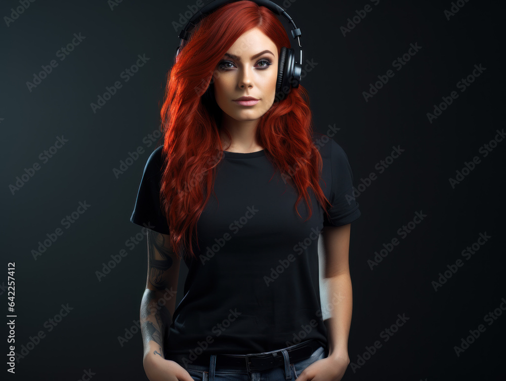 pretty sexy young gothic woman with red hair in black t-shirt, wearing headphones pretty sexy young gothic woman with red hair in black t-shirt, wearing headphones