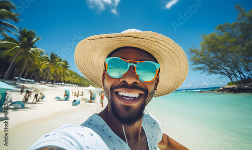 Beachside Selfie: Man in Glasses and Hat Capturing Lively Moments in Eye-Catching, Rounded Style photo