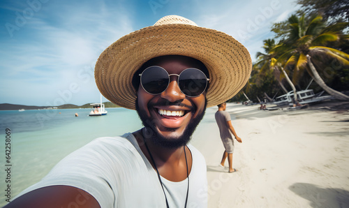 Beachside Selfie: Man in Glasses and Hat Capturing Lively Moments in Eye-Catching, Rounded Style © Rodrigo
