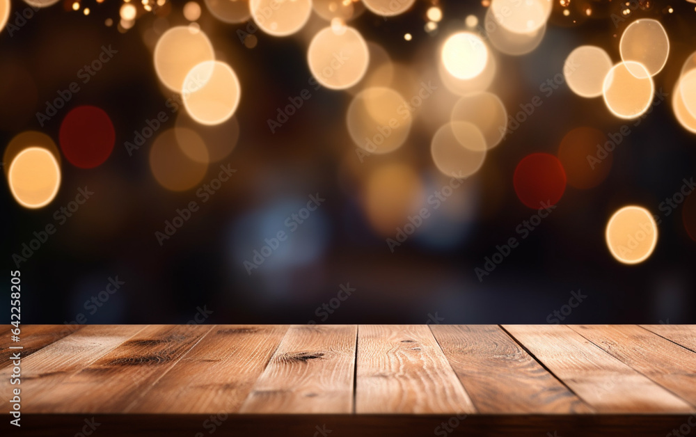 The empty wooden table top with blur bokeh background