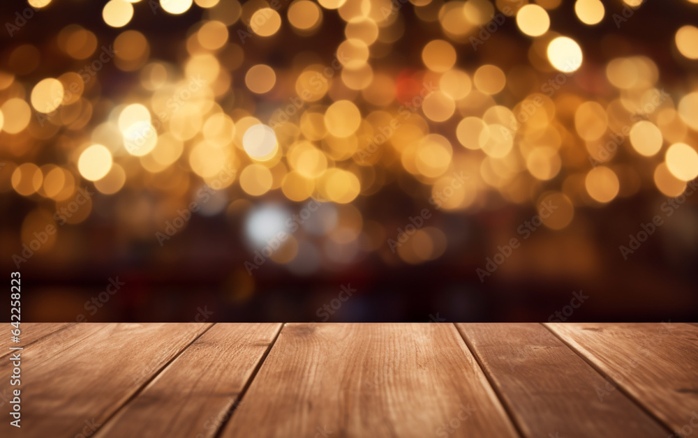 The empty wooden table top with blur bokeh background The empty wooden table top with blur bokeh background