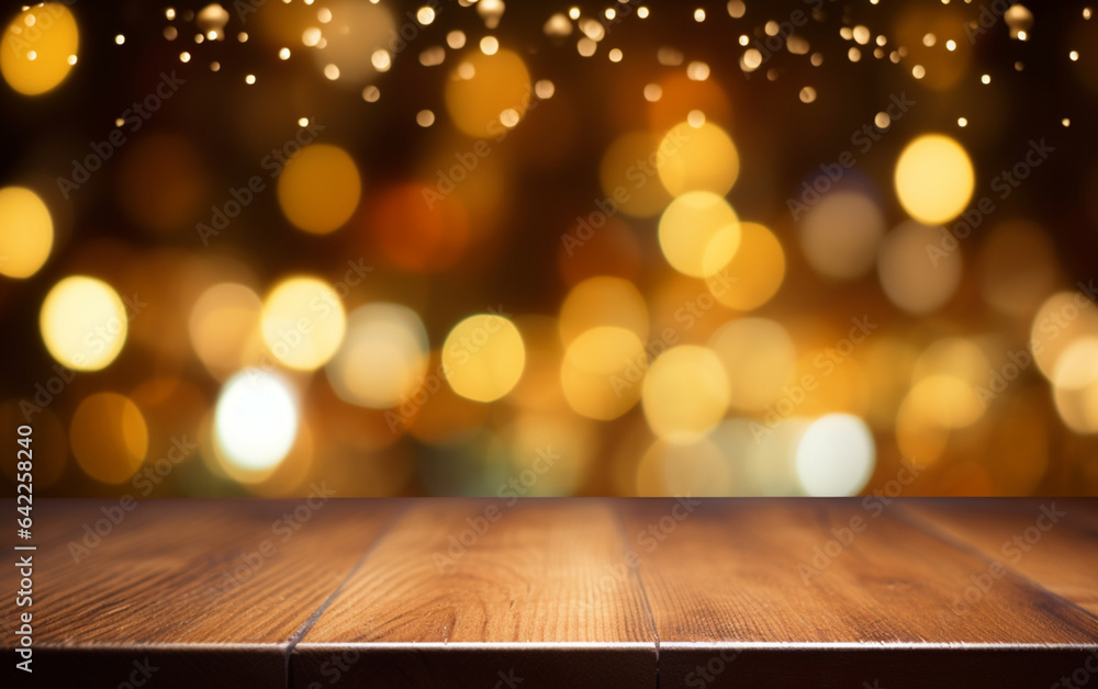 The empty wooden table top with blur bokeh background The empty wooden table top with blur bokeh background