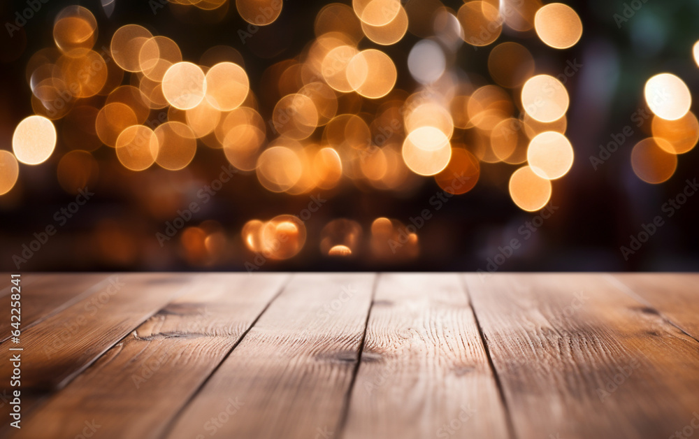 The empty wooden table top with blur bokeh background The empty wooden table top with blur bokeh background