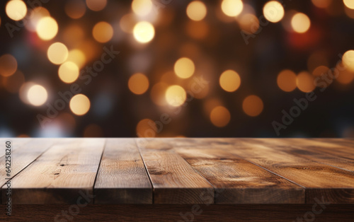 The empty wooden table top with blur bokeh background